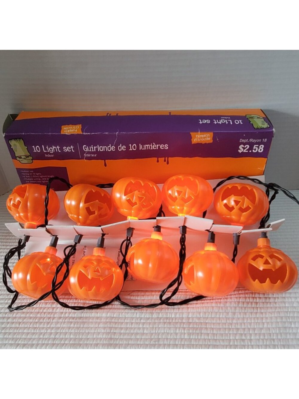 10 Pumpkin Halloween Blow Mold String Light Set Box Vintage Palstic Orange Works